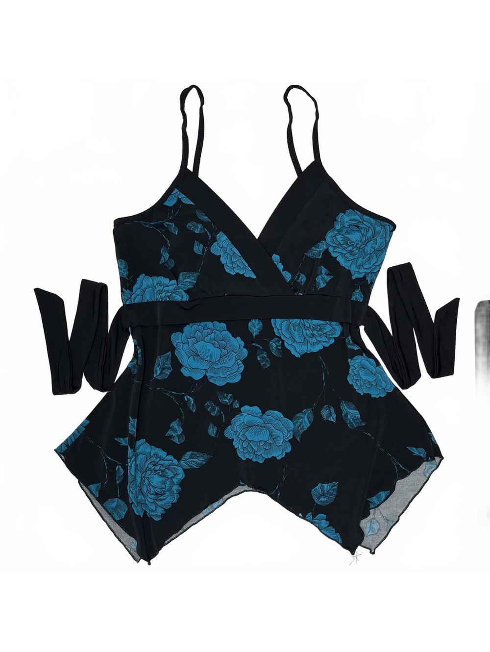 Vintage Sz M Black & Teal Floral Asymmetrical Babydoll Top WhimsyGoth Fairy